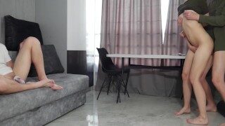Cuckold watches slut wife gets creampie